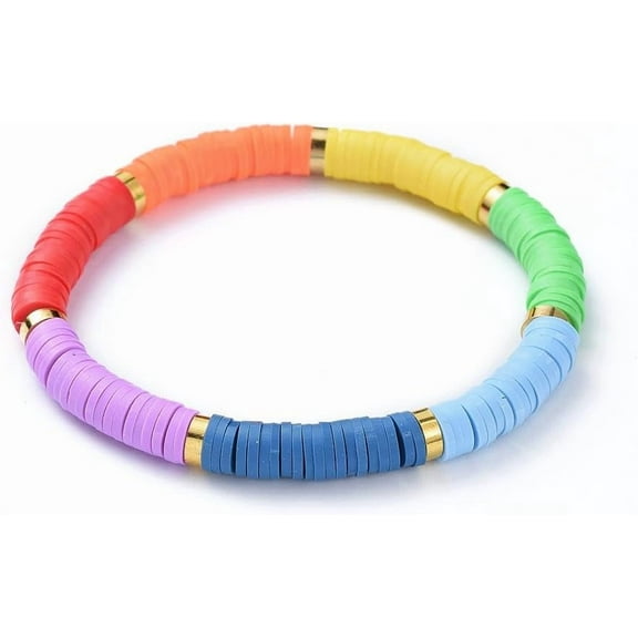 2 pc Chakra Jewelry Handmade Polymer Clay Heishi Beads Stretch Bracelets with Brass Spacer Beads Mixed color 2-1/8 inch(5.4cm)