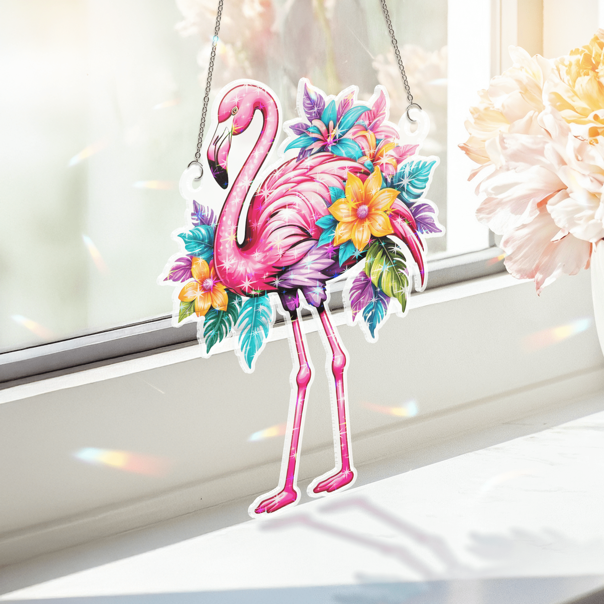 89Bloom Flamingo Stained Glass Hologram Ornament, Stained Glass Suncatcher Ornaments Home Decor, Holographic Ornaments