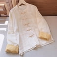 thumbnail image 4 of Nmnitkp Women's Cotton Linen Mandarin Collar Shirt Frog Button Contrast Cuffs Long Sleeve Loose Casual Top with Pockets for Fall Daily Work Loungewear Khaki,M, 4 of 6