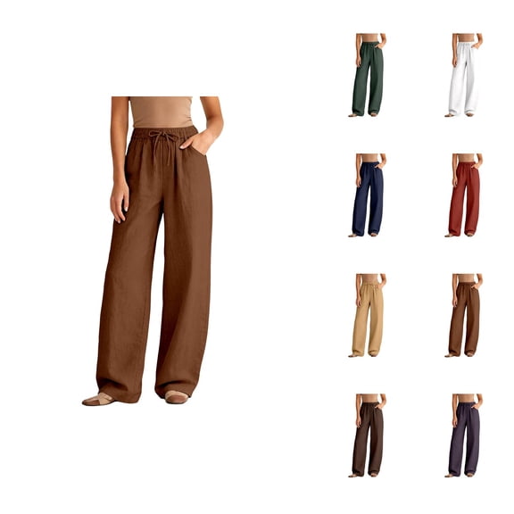 Cotton Linen Pants Women 2026 Summer Elastic High Waist Wide Leg Loose Fit Lounge Pants with Pockets