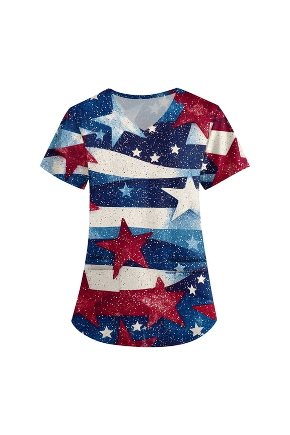 4Th Of July Scrub Tops Women, For Tops V Neck Short Sleeve Workwear With Pockets Red White And Royal Blue American Flag Top Tank Women Scrubs Tops Pride Outfits (L, Watermelon Red) ZMTing