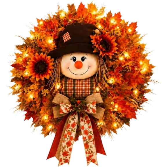 Fall Wreath with Lights Scarecrow Autumn Wreaths for Front Door Sunflower Maple Harvest Decor Warm LED Farmhouse Burlap Bow