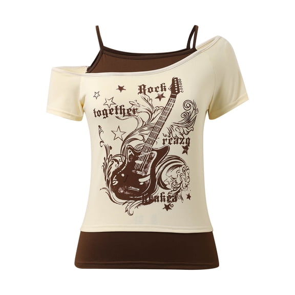 DHFJKG Summer T Shirts For Women Short Sleeve Fashion Asymmetrical 2 In 1 Top Casual Graphic Tee Cute Y2K Vintage Clothing Stylish Tops