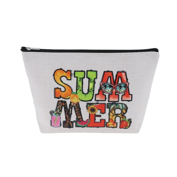 Unique Bargains 1 Pc Linen Printed Makeup Bag for Vacation Wedding Travel White Flax