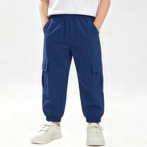 BRGZLK Toddler Boys Girls Barrel Pants Solid Color Elastic Waist Lightweight Cargo Long Pants Kids Casual Fashion Jogger Pants with Pockets Blue 5-6 Years