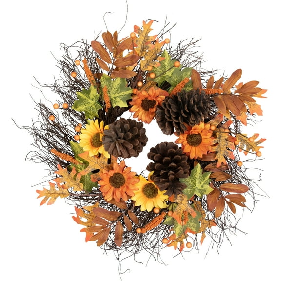 24" Autumn Harvest Artificial Fall Leaves Berries Pinecones & Sunflowers Wreath - Unlit