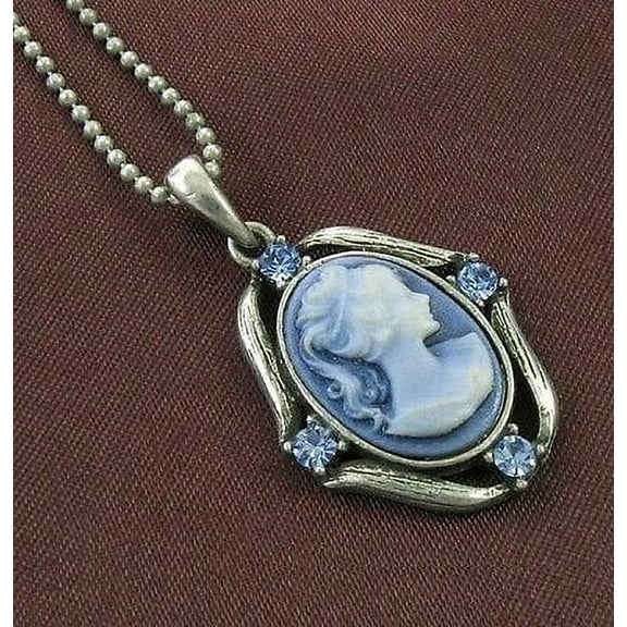 Blue Stones Design CAMEO Necklace Chain Pendant Antique Silver Vintage Style 5b