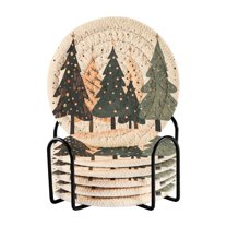 Yayeee 6 PCS Drink Coasters with Holder Set Woven Absorbent Round Tabletop Hot Pad, Beige Christmas Trees