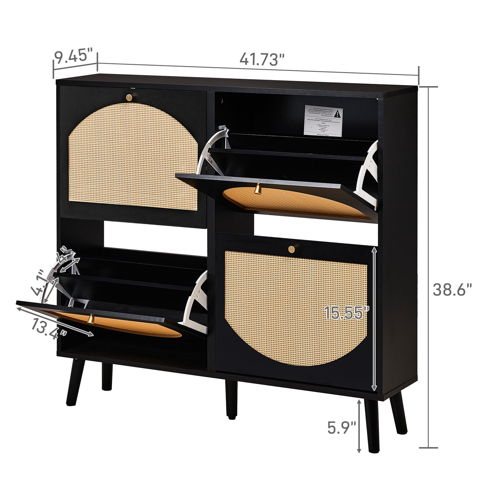 2-Tier Arched Rattan Flip-Top Shoe Cabinet, Black Frame Wood-Tone Rattan Panels, Space-Saving Storage for Entryway Hallway