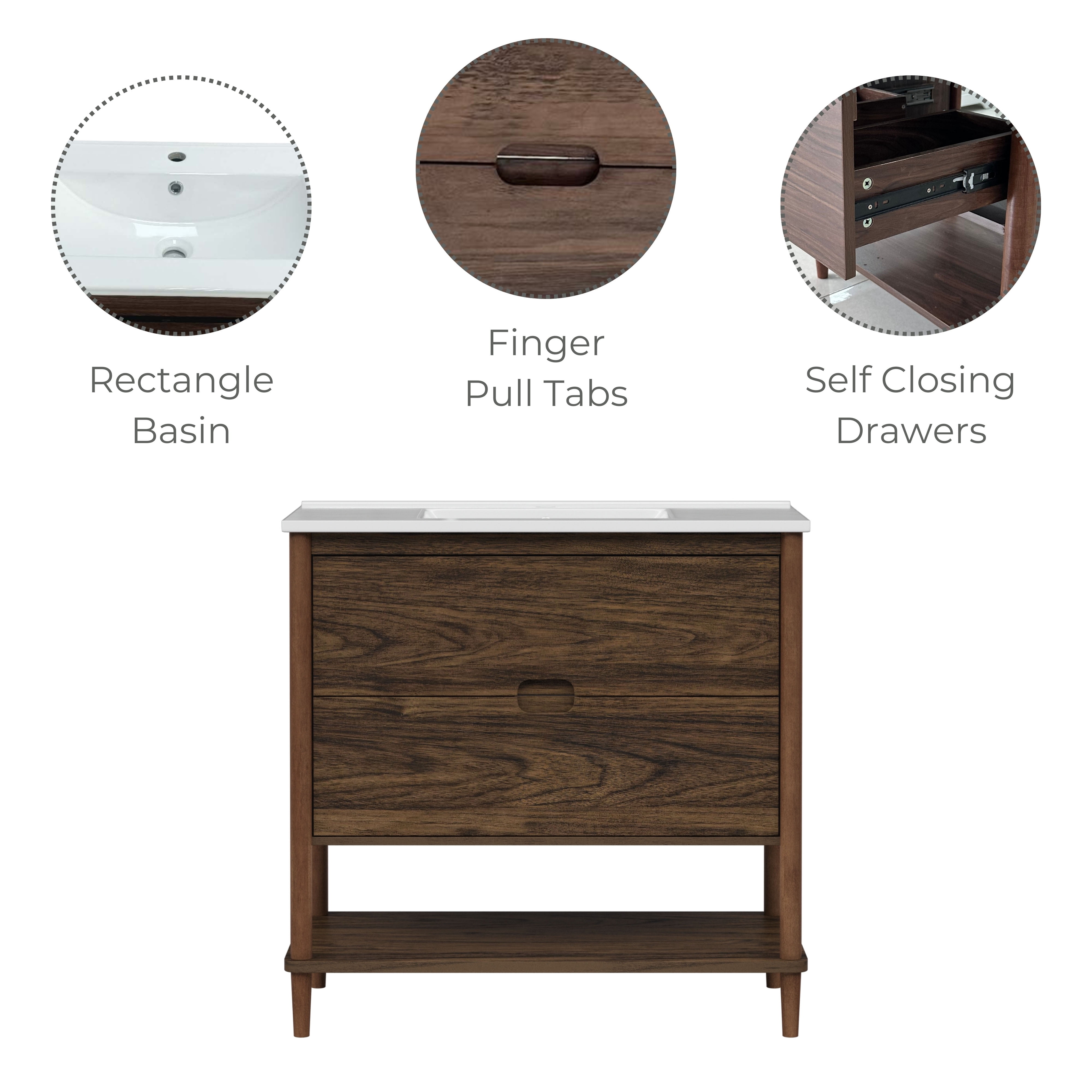 Teamson Home Ellery 36" Single Bathroom Vanity Integrated Square Sink and Two Drawers, Walnut