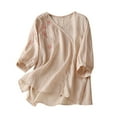 thumbnail image 3 of Women's Linen Short Sleeve Round Neck Top Shirt Blouse Solid Color Breathable Loose Fit Casual Summer Fashion Tunic | CSEONE,Pink XL, 3 of 8