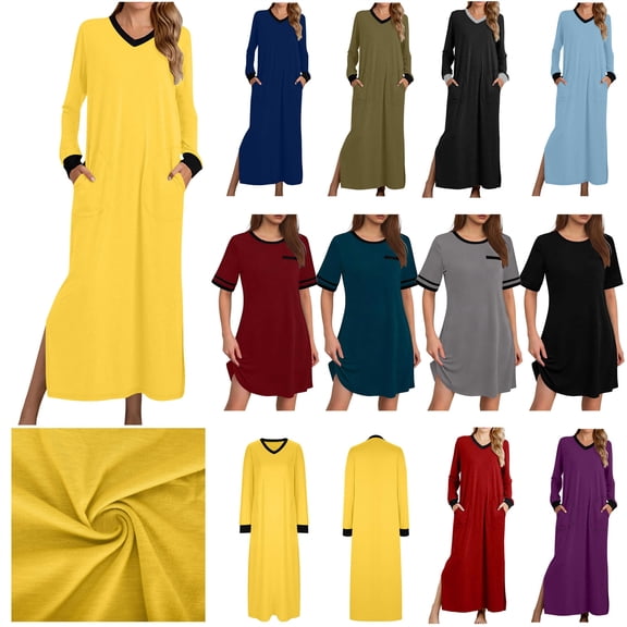 BiZtdJrK Women's Nightshirt Long Sleeve Nightgown Solid Casual V Neck Sleepwear Full Length Pajama Dress with Pockets Soft Loungewear Purple XXL