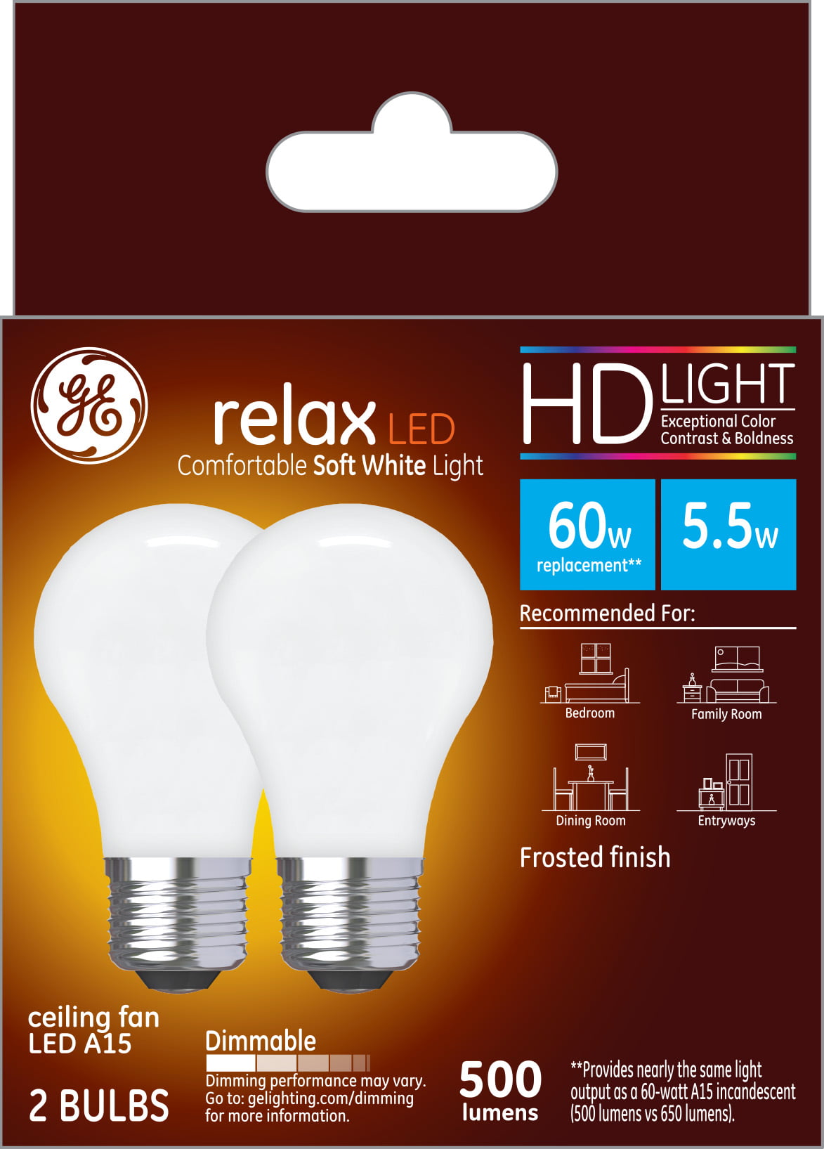 GE LED HD light Refresh Soft White 60w replacement bulb dimmable 2 pk 2700K watt 