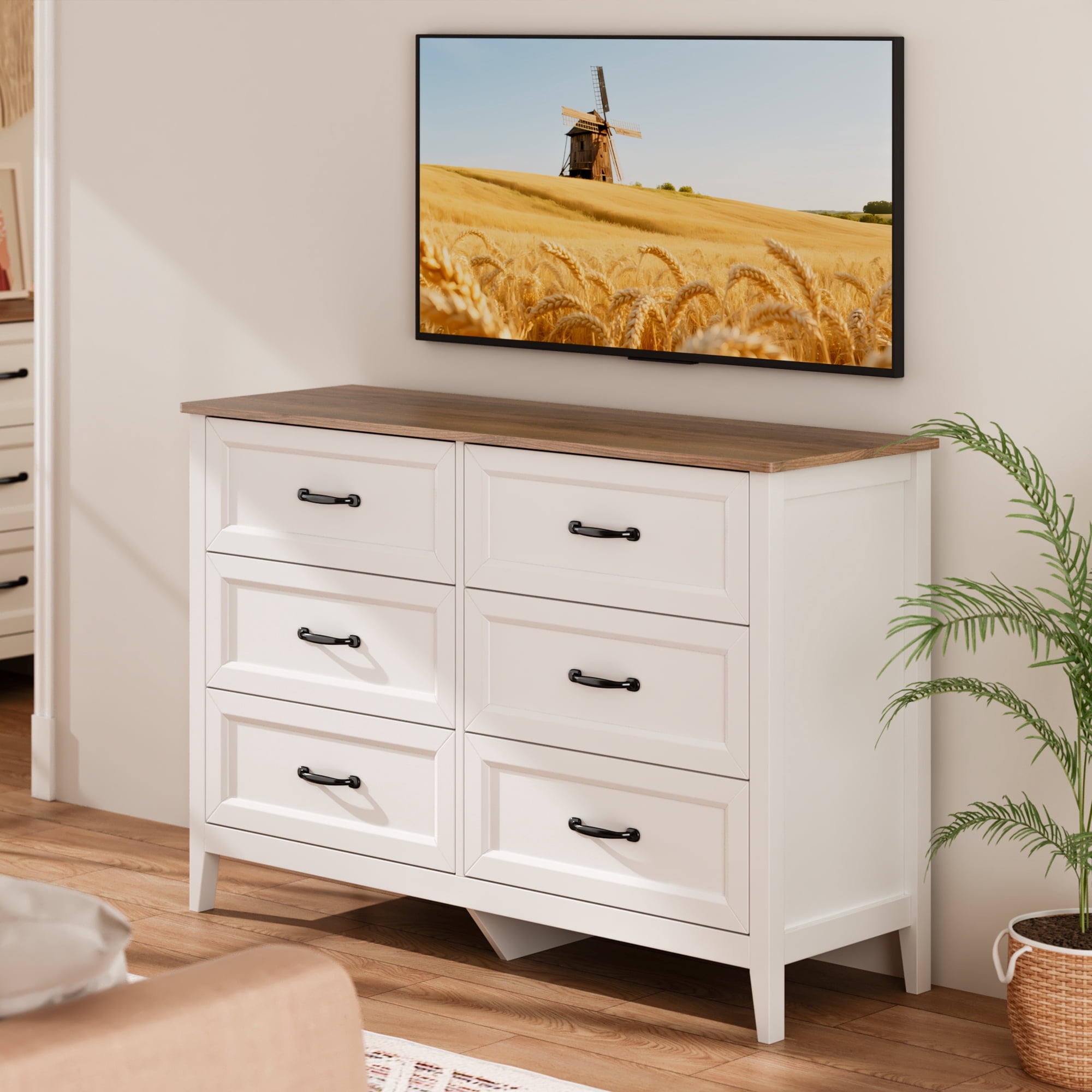 Aiho 6-Drawer Double Dresser - Modern Wood Chest with Anti-Tip Safety, Cutout Handles & Smooth Gliding Drawers | Nursery, Kids & Bedroom Storage - White