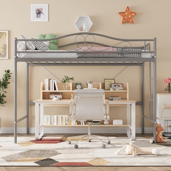 Space-Saving Twin Metal Loft Bed Frame Heavy Duty 400 lbs Capacity, Adjustable Ladder, Full Safety Guardrail, Noise-Free, Easy Assembly, No Box Season Needed Silver Gray