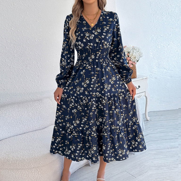buy flowy dresses online Beige Floral Print Smocked Detail V Neck Puff Sleeve Flowy Maxi Dress Beige / M / 100%Viscose by Blue Zone Planet
