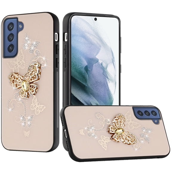 For Samsung S21 Ultra/S30 Ultra 7.1inch SPLENDID Diamond Glitter Ornaments Engraving Case Cover - Garden Butterflies Gold