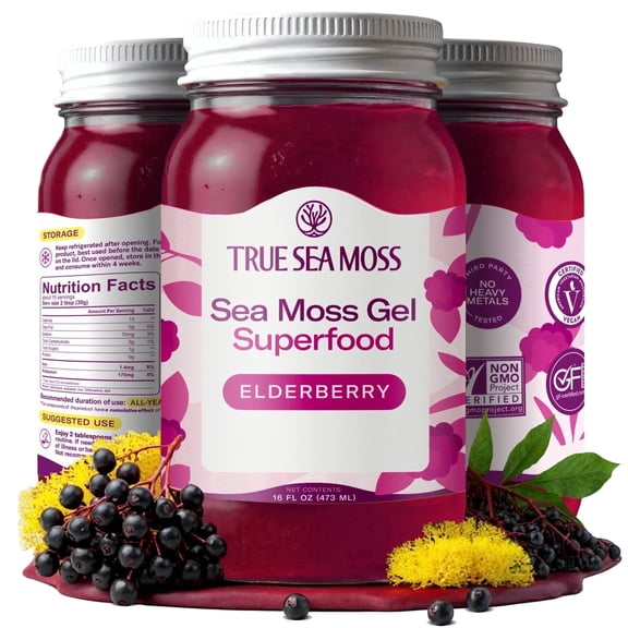 TrueSeaMoss Wildcrafted Irish Sea Moss Gel – Elderberry, 1 Pack, Natural Seamoss – 16 fl oz Flavored Seaweed Snack