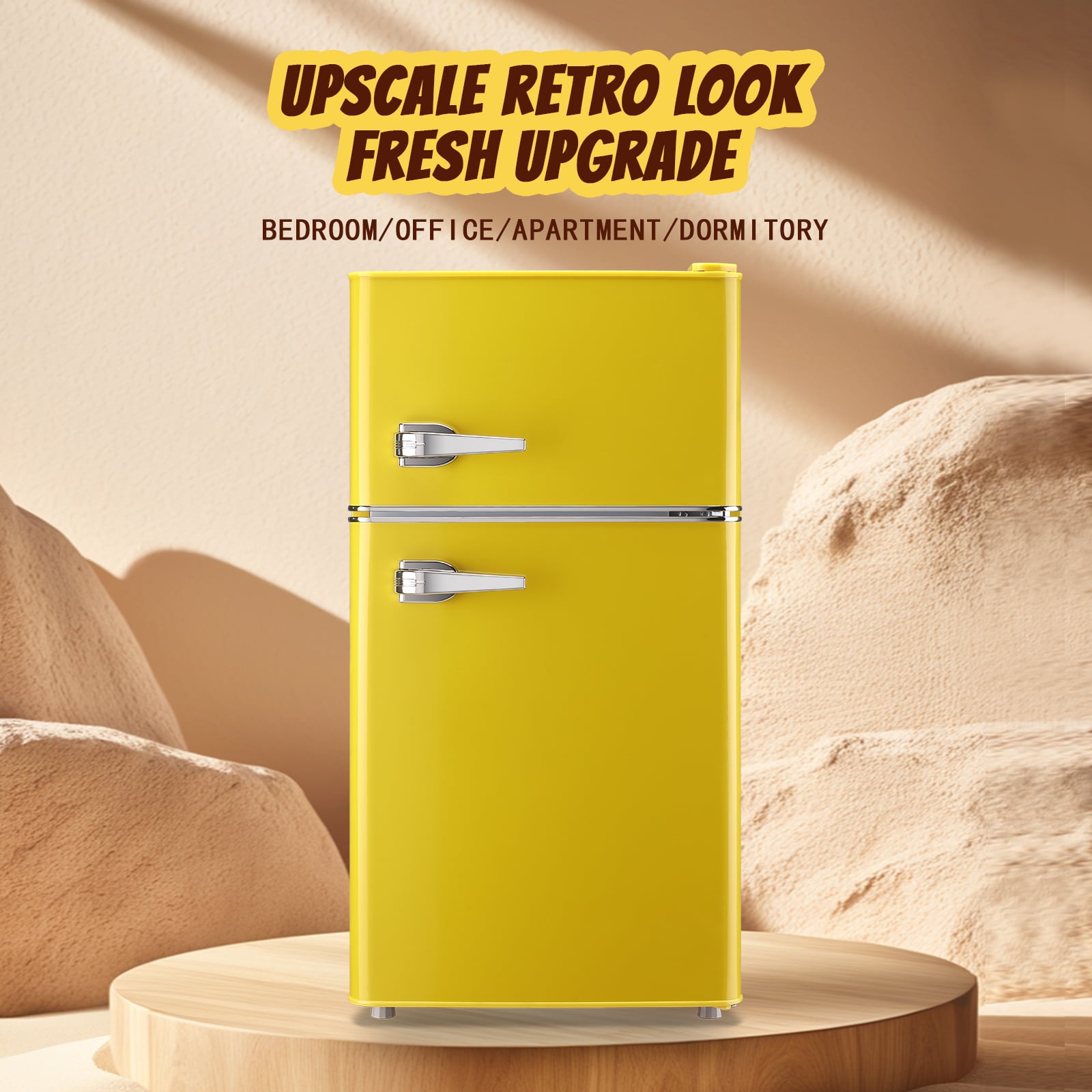 TACOOL Retro Yellow Mini Fridge with Handle Dual Door 3.5Cu.ft Samll Refrigerator with Freezer For Home