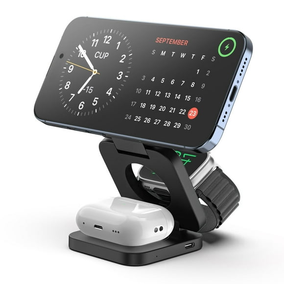 KU XIU X55 Fast Wireless Charger, Magnetic Foldable 3 in 1 Charging Station for iPhone 16/15/14/13/12/Pro/Plus/Pro Max, 5W Portable Charger for Apple Watch9/8/7/6/5/4/3/SE, for Airpods3/2/Pro-Black