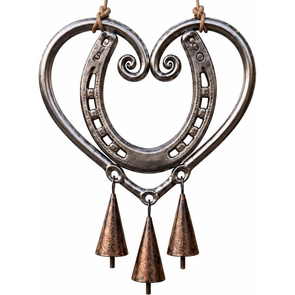 Heart Shaped Horseshoe Metal Wind Chime with 3 Bronze Bells, Rustic Deep Tone Outdoor Wind Chime Decor for Garden Patio Porch, Handcrafted Memorial Sympathy Gift