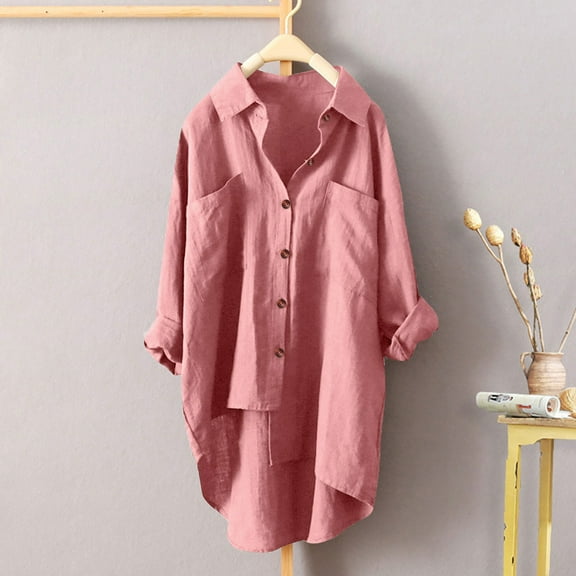 Pink Women Shirts, Women'S Autumn Solid Color Shirt Simple Double Pocket Long Sleeved Temperament Top,Women Shirts XXL