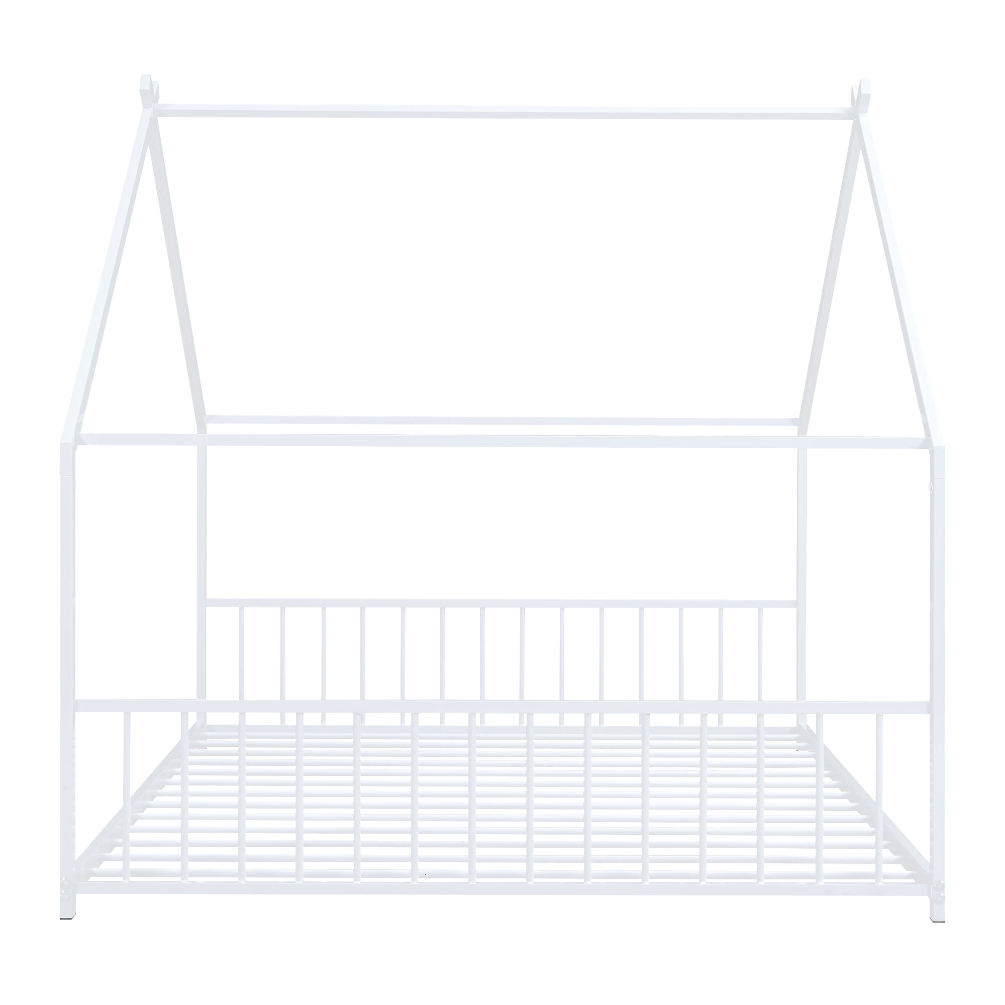 Jopath Full Size Bed Metal Floor Bed,Full House Bed Frame Floor Bed Frame,With Roof With Headboard And Footboard With Slats Support For Kids Toddler White