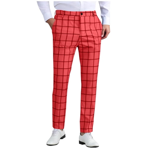 Men Pants Under 10 Dollars Slacks for Men Straight Fit Checked Printed Comfy Golf Trousers Mens Business Casual Dressy Pants Regular Red XXXL