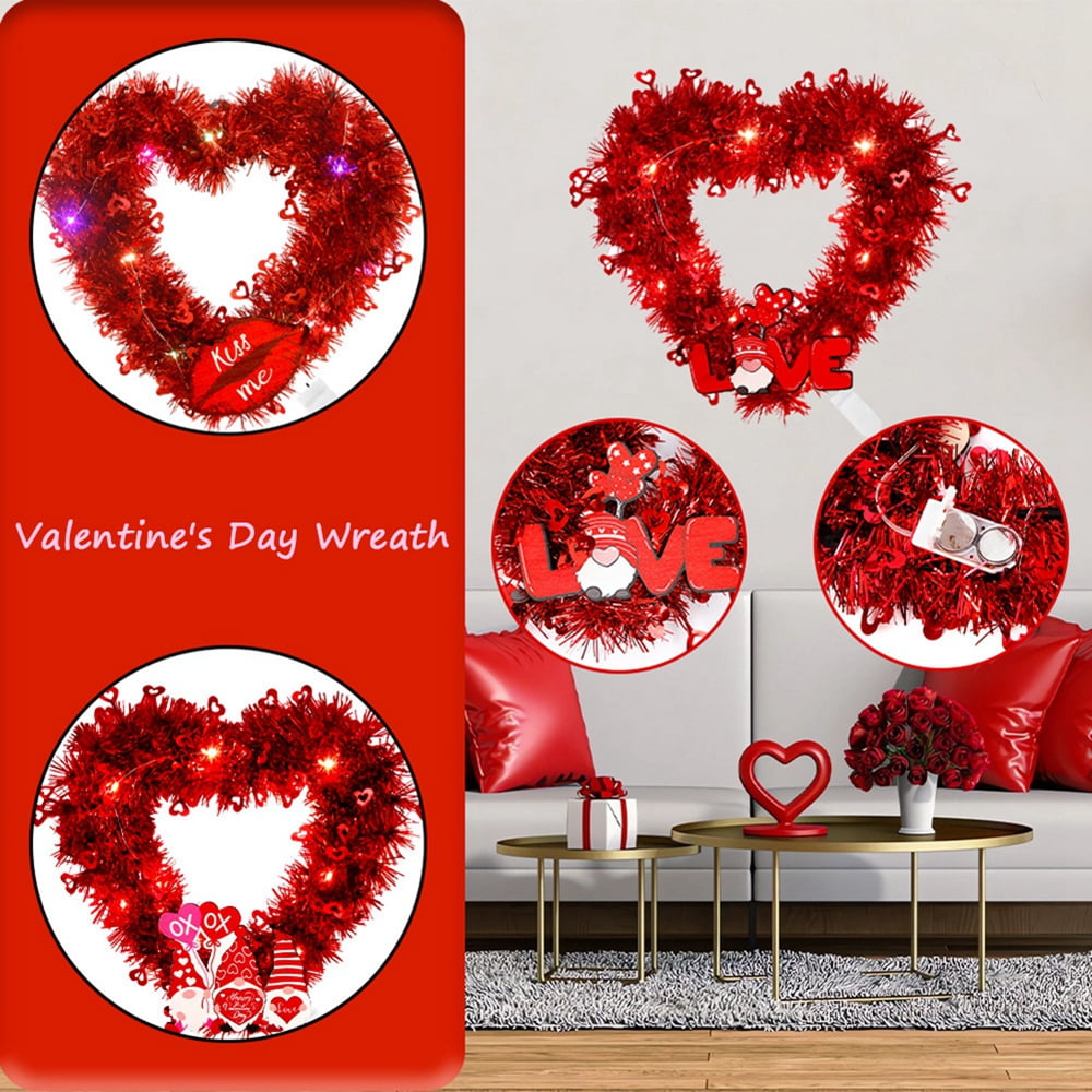 LED Lighted Valentines Day Heart Wreaths with Foil Hearts Decorations for  Wedding Birthday Party Front Door Wall Window Mantel Décor