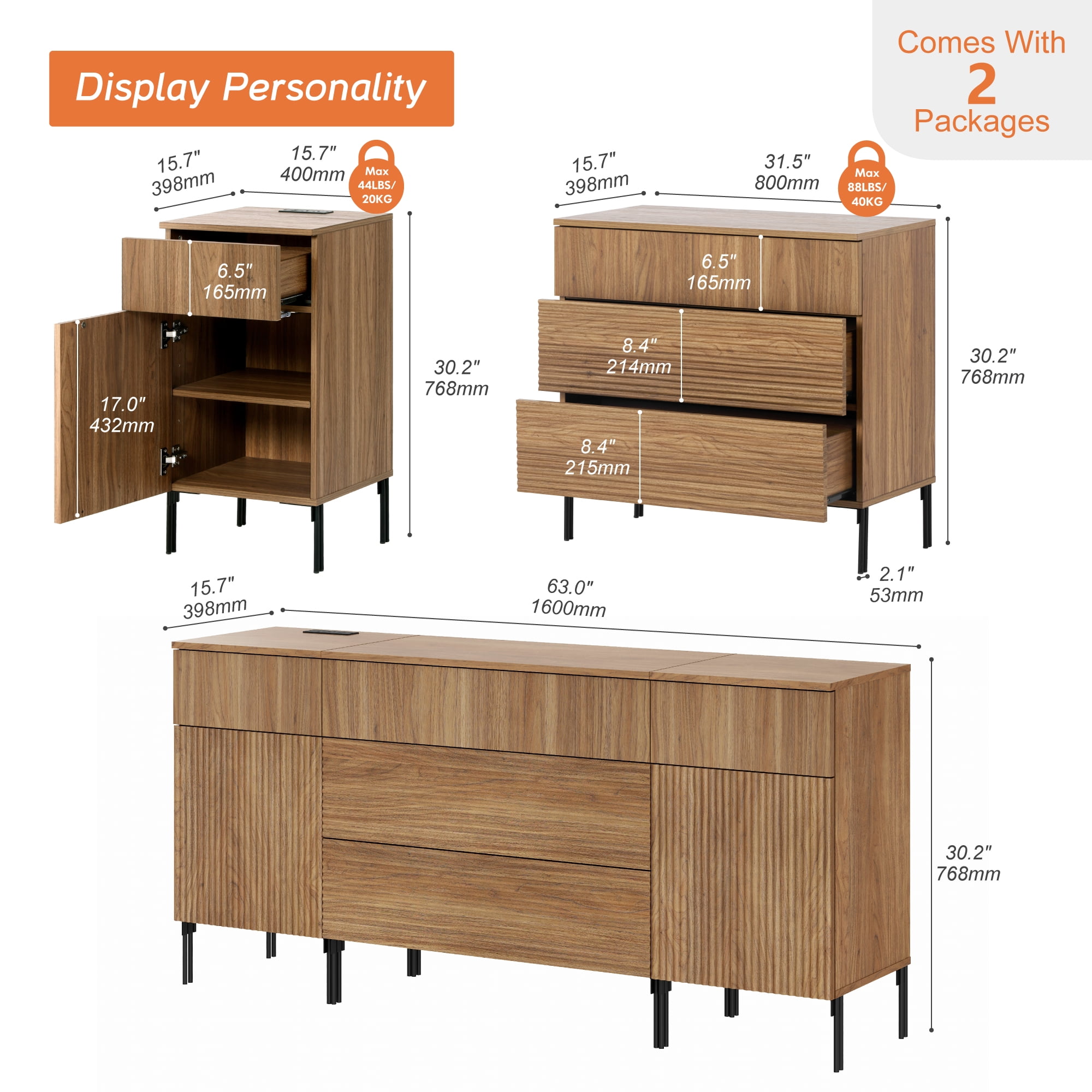 63" Reeded Accent Cabinet Set with Doors and Drawers, Modern Credenza Storage Cabinet with Charging Station for Living Room, Kitchen, Dining Room, Hallway