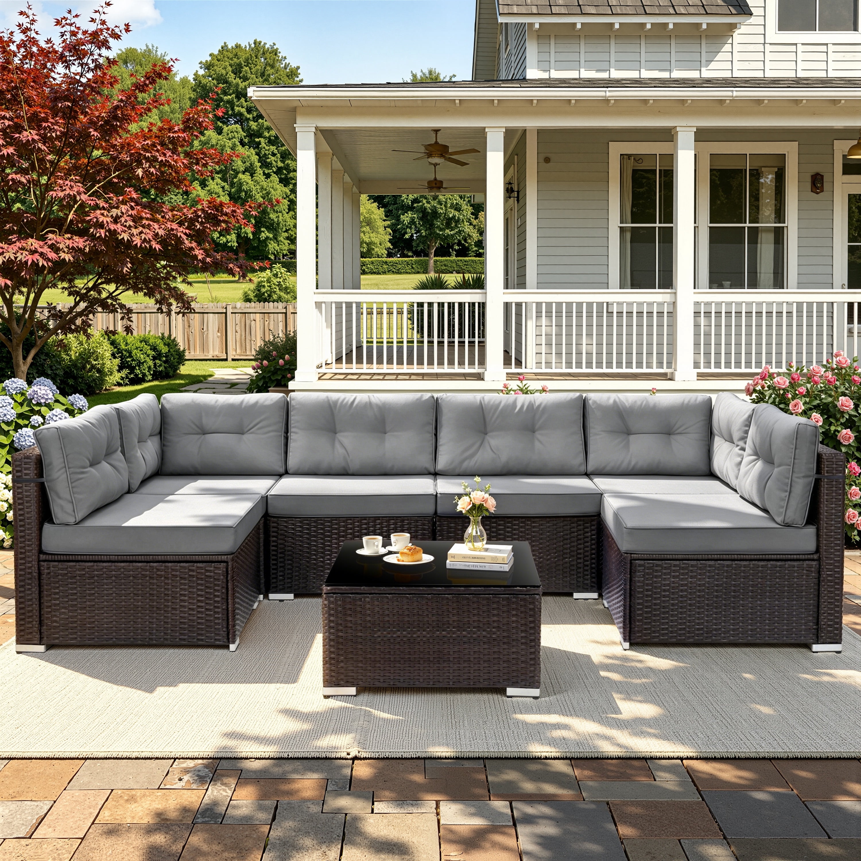 7 Piece Rattan Sectional Sofa Set, Outdoor Conversation Set, All-Weather Wicker Sectional Seating Group with Cushions & Coffee Table, Morden Furniture Couch Set for Patio Deck Garden Pool