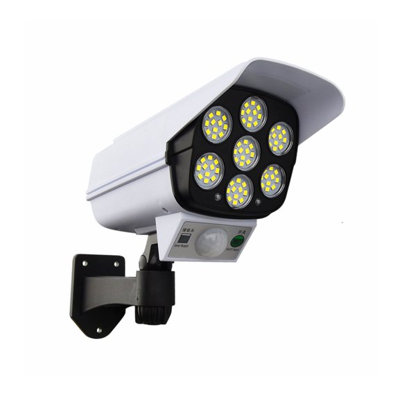 Fake Camera with Light Dummy Security Surveillance Camera Super Bright Outdoor Waterproof Solar Motion Sensor Light with Red Flashing Warning Light for Home Security (White)
