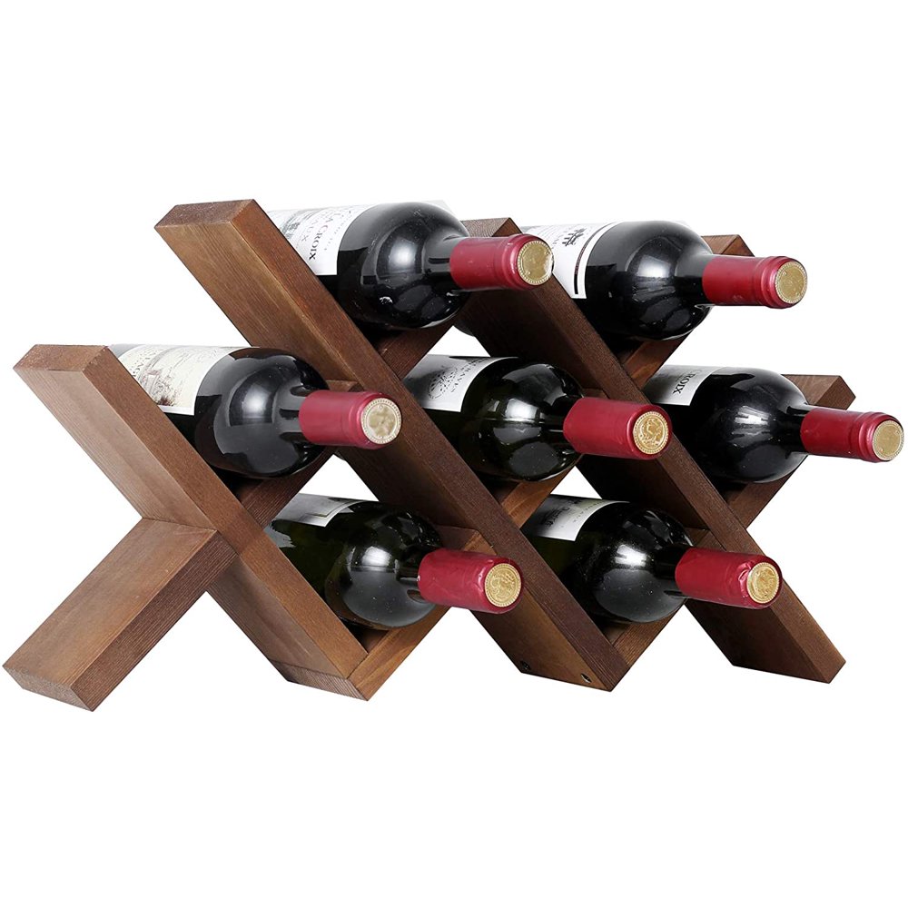 WELLAND Wood Countertop Wine Rack, Rustic Tabletop Wine Holder, 7 Bottle Wine Holder, Minimal