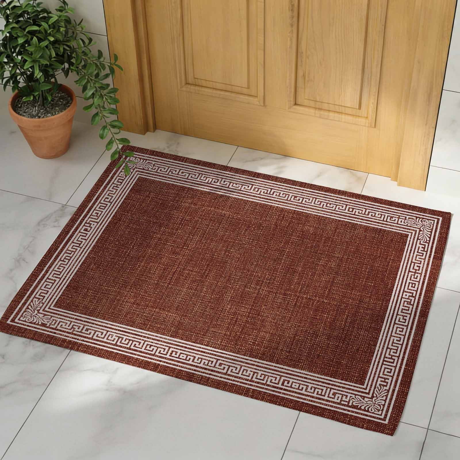 Dark Brown Geometric Indoor Door Mat - 18"x30", Non-Slip Welcome Mat for Outdoor, White Greek Key Design Burlap Modern Art Front Doormat for Entry, Low-Profile Doormat Entrance Rug for Bathroom