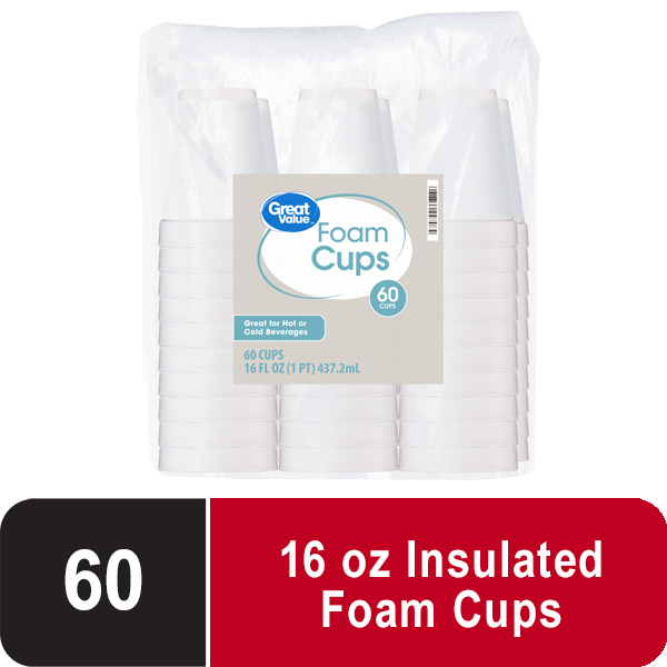 Great Value 16 oz Foam Cups, 60 count