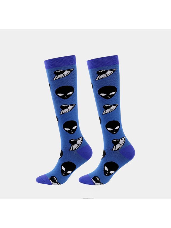 Alien High Knee Cartoon Socks, Unisex Fun Novelty Crew Character 360 Degree Artwork Designed Socks