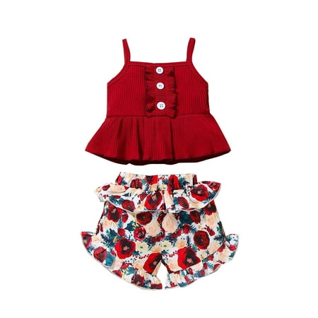

Toddler Baby Girls Ruffles Solid Suspender Tops Vest+Floral Print Shorts Outfits For 6-12 Months