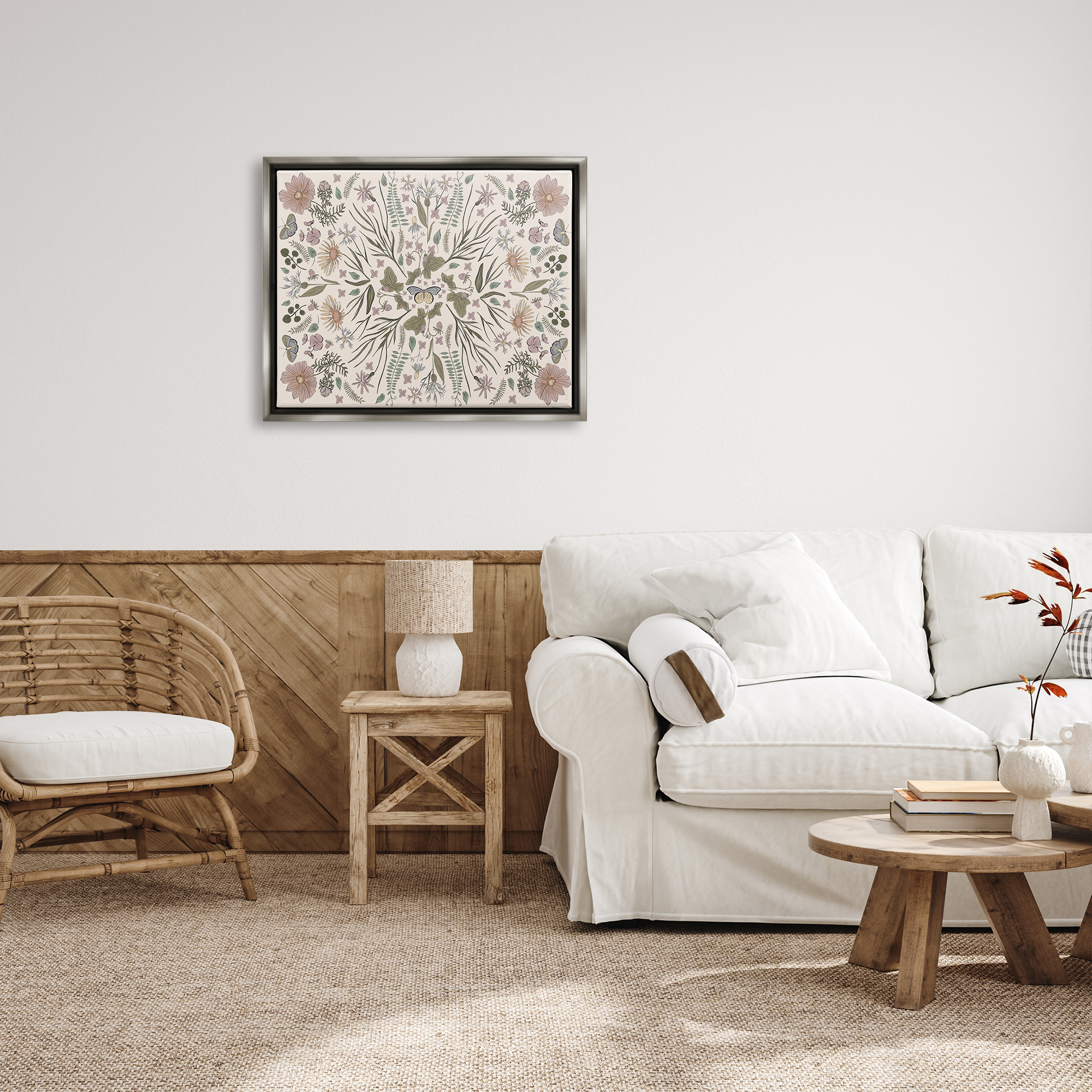 Stupell Industries Delicate Botanical Pattern Intricate Butterfly Insects Motif Graphic Art Luster Gray Floating Framed Canvas Print Wall Art, Design by Birgit Maria Kiennast