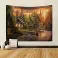 thumbnail image 1 of Tapiz para colgar en la pared, cabaña en el bosque, vista al lago, puesta de sol, 150 x 130 cm, 1 of 3