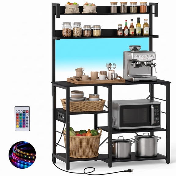 Bakers Rack with Power Outlet and LED Lights, 7-Tier Microwave Stand with Storage Shelves