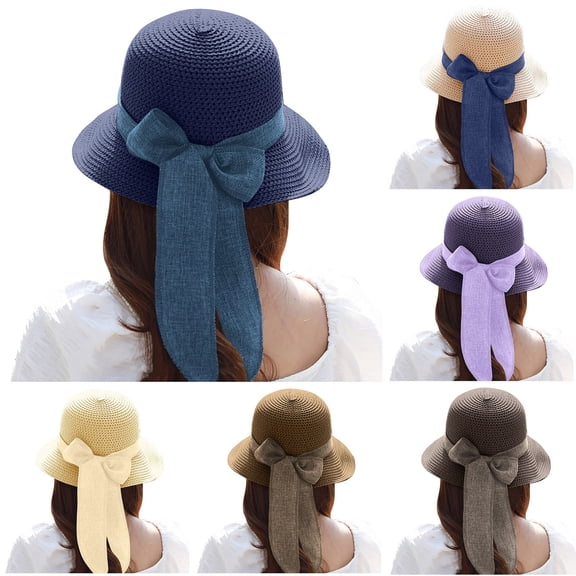 Women's Straw Sun Hat with Bow Tie, Wide Brim Beach Hat for Summer Vacation, UPF Sun Protection for Resort, Travel, and Casual Outfits-Beige