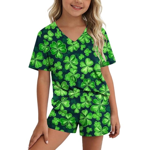 Conjuntos de blusas y camisas de manga corta con cuello en V para niños, conjunto informal de blusa y pantalones cortos de manga corta con cuello en V y estampado de colores para el Día de San Patrici