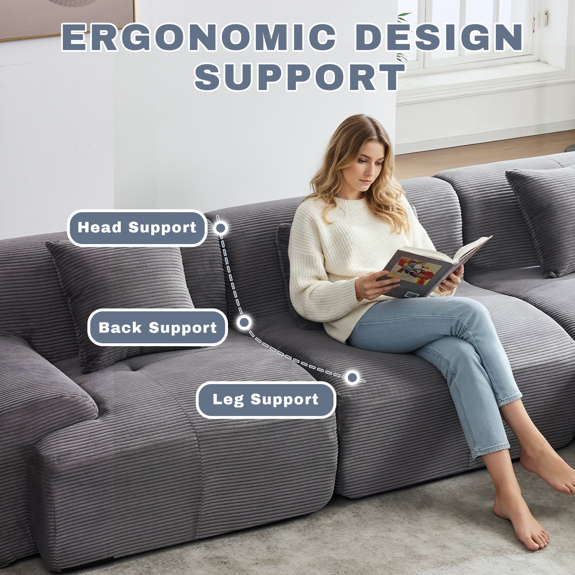 GAOHAPY 107"Modern L Shaped Modular Sectional Sofa, Oversized Corduroy Couch Deep Seat, Boneless Cloud Couch with Ottoman, 30D Sponge for Indoor Living Room, No Assembly Required(Dark Grey)