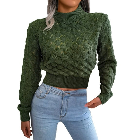 Bibifish Womens Sweaters Mid Neck Cropped Sweaters Long Sleeve Casual Solid Color Pullover Knitted Jumper Top Sweaters For Ladies