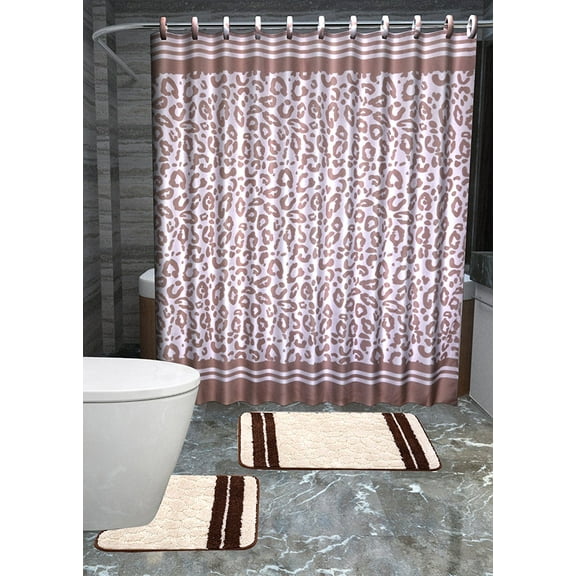 Zambia 15-piece Leopard Bathroom Accessories Set Rugs Shower Curtain & Matching Rings Brown & Beige