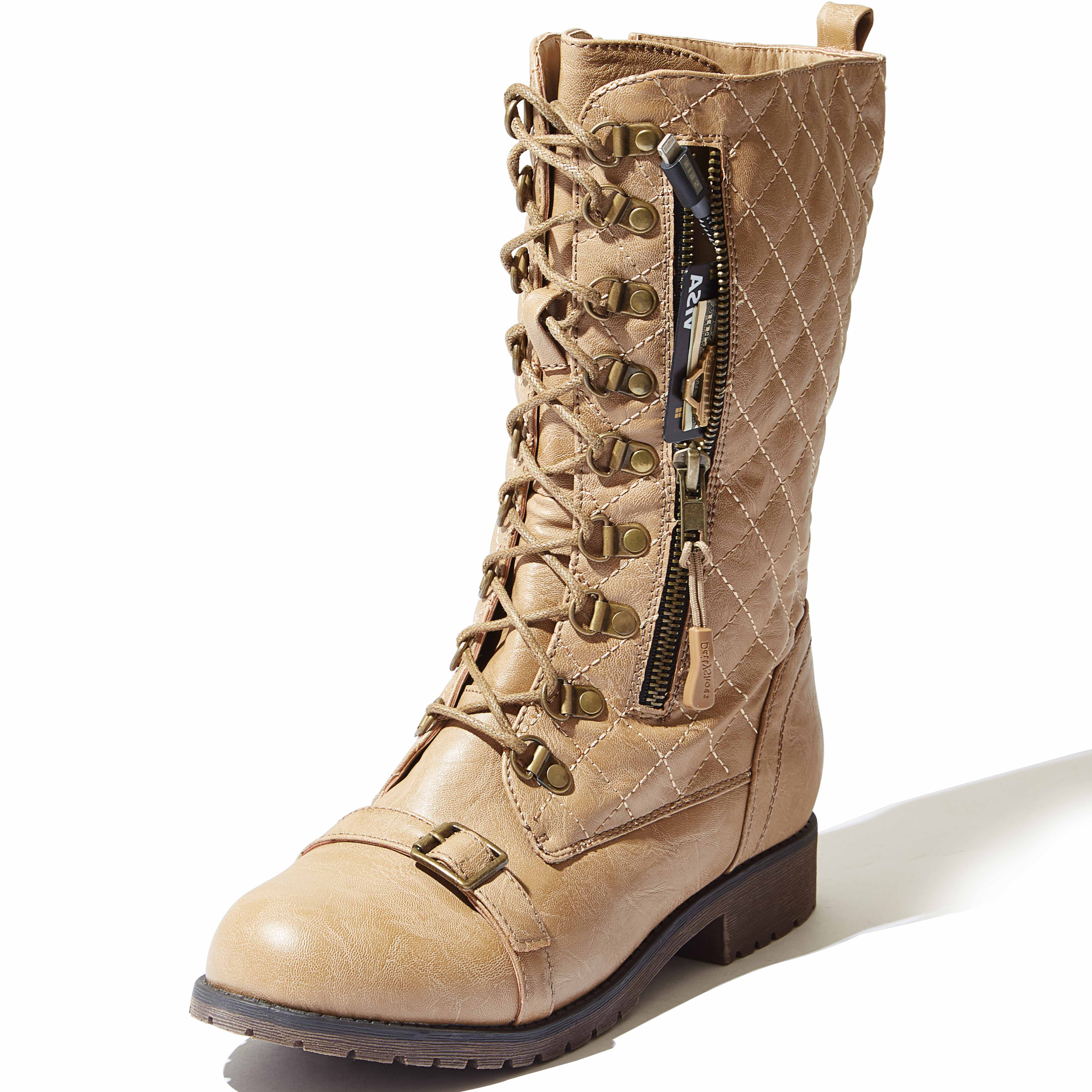 7.5 B Slim Tan M DailyShoes Womens Military Lace Up Buckle Combat Boots Mid Knee High Exclusive Credit Card Pocket