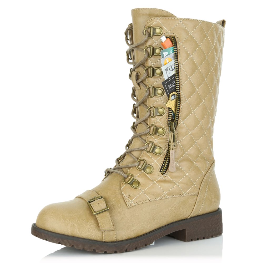DailyShoes DailyShoes Women's Military Lace Up Buckle Combat Boots Mid Knee High Exclusive