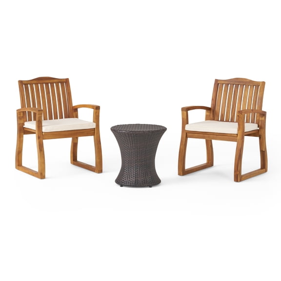 Bacara Outdoor Acacia Wood 3-Piece Chat Set with Hourglass Table, Teak/ Beige