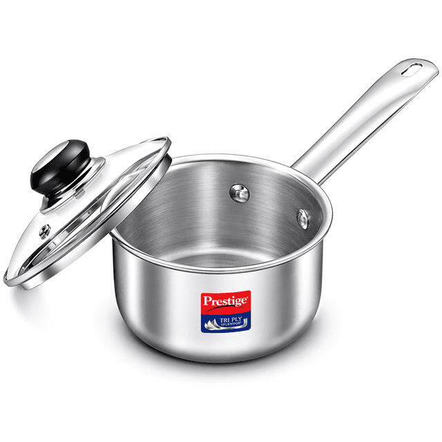 Prestige 16cm/1.5l Tri-Ply Stainless Steel Splendor Sauce Pan with Glass Lid | Gas and Induction Compatible| Even Heat Distribution | Strong and Durable | Suitable for Hand Wash Only.