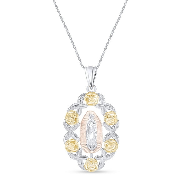AFFY Three Tone Our Lady Guadalupe Pendant Necklace 14K White Gold over Silver